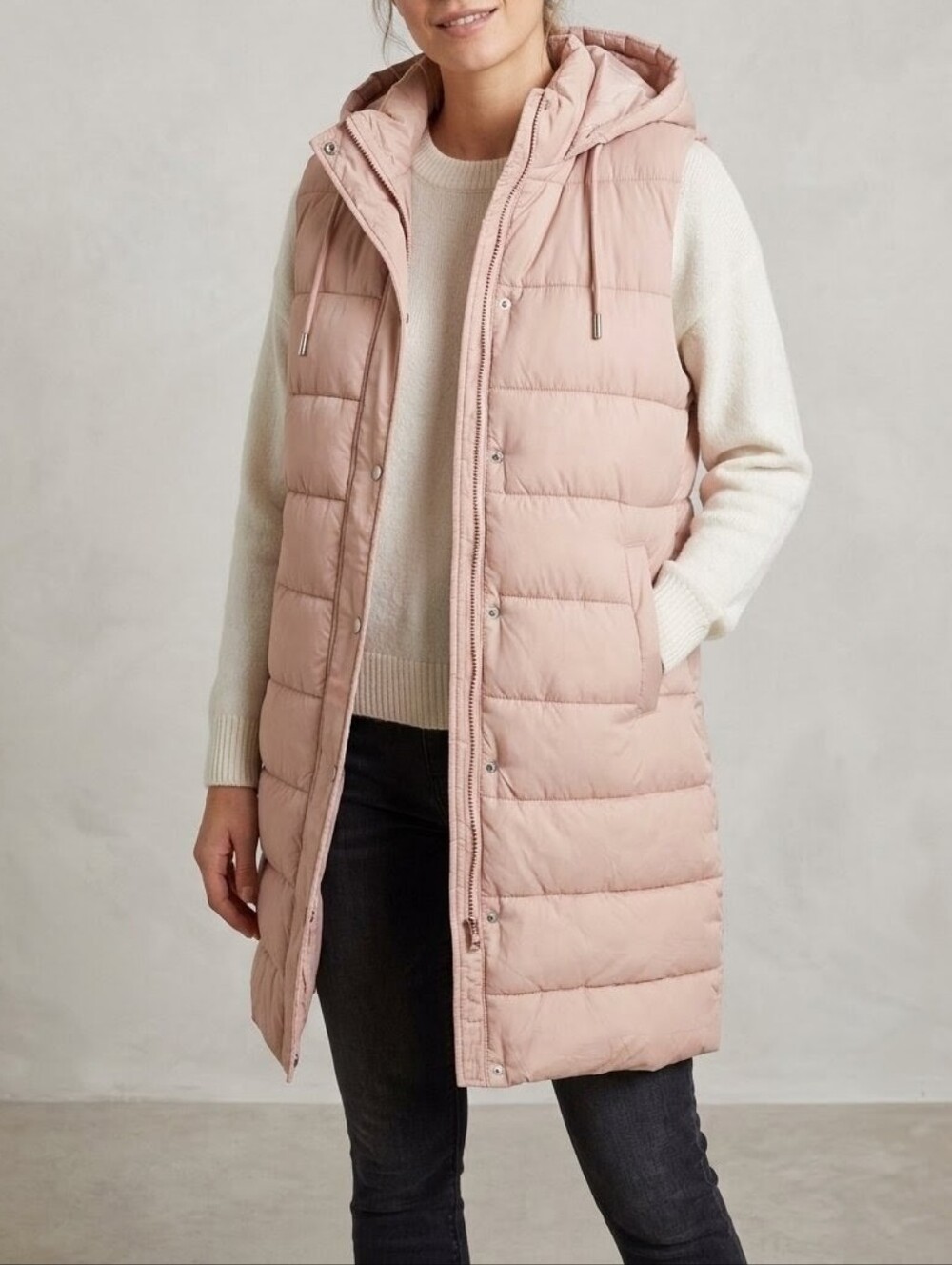 NWT Dusty Blush Pink Hooded Long Puffer Vest Quilted Sleeveless Jacket XL